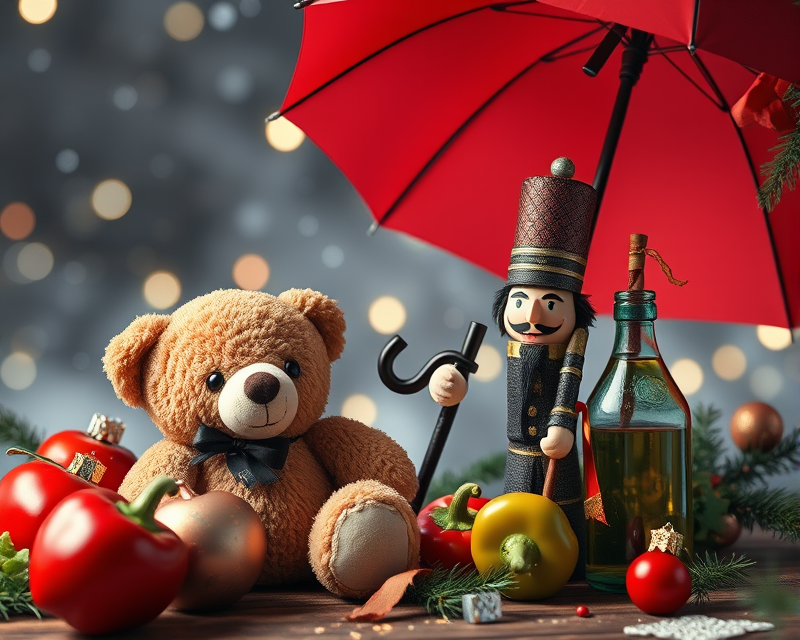 teddy bear, umbrella, nutcracker, bell pepper, bottle